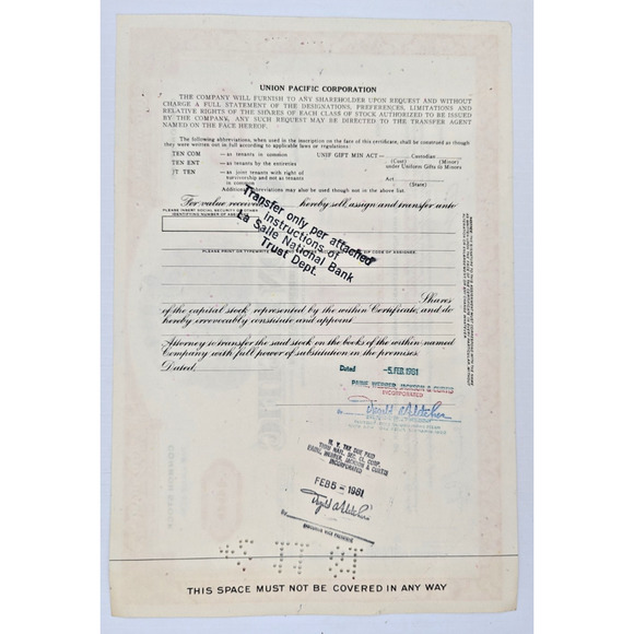 Union Pacific Co Railroad Shares Certificates Assorted Lot of 4 - Picture 5 of 9